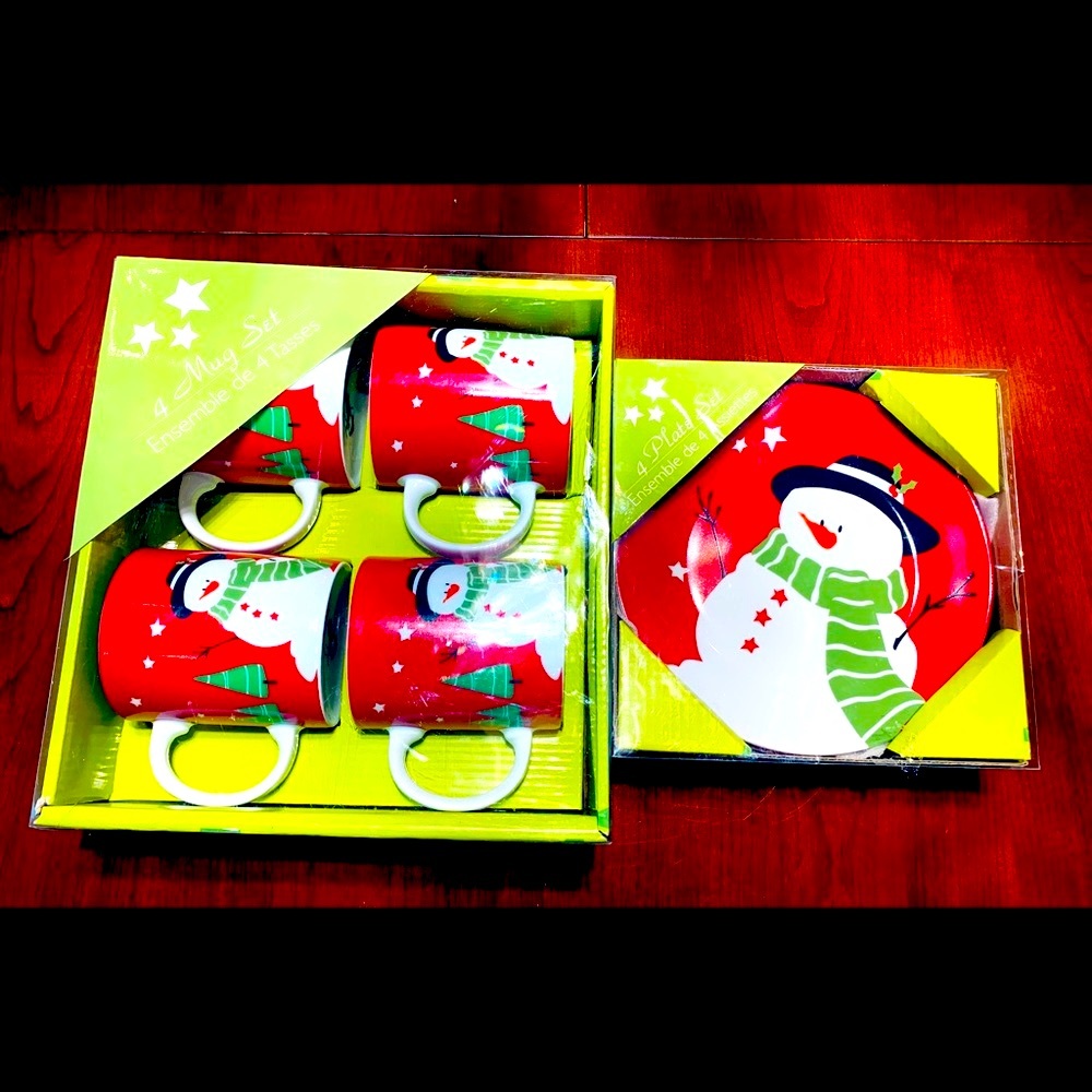 Red and white porcelain Plates & Mugs 8 Pc Set Snowman Pattern 4 mugs 4 plates